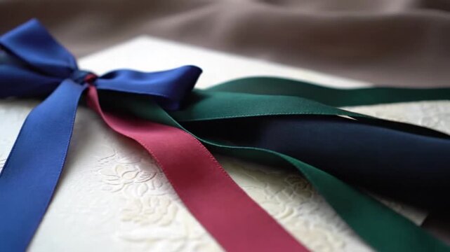 Elegant Gift Box with Multicolored Satin Ribbons Tied in a Decorative Bow Perfect for Special Occasions Festive Presents and Luxury Packaging Design