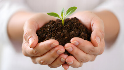 Tender Care for New Beginnings Hands Gently Holding a Small Plant with Soil Symbolizing Growth Potential and Environmental Responsibility in a Soft Light