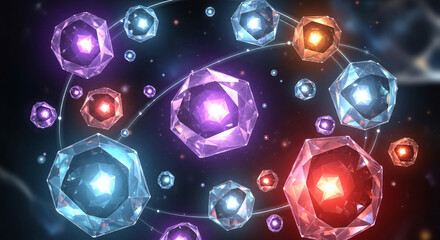 glowing, multifaceted crystals floating in elliptical orbits