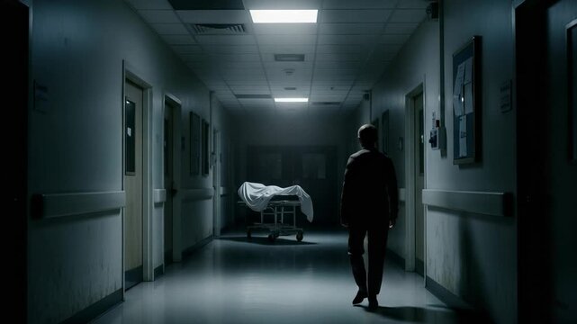 Eerie hospital corridor at night with a body on a gurney covered by a sheet. A mysterious dark silhouette stands in the shadows, creating a horror scene.