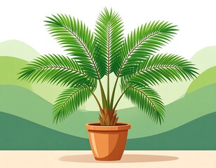 Cartoon palm tree in terracotta pot against a green landscape