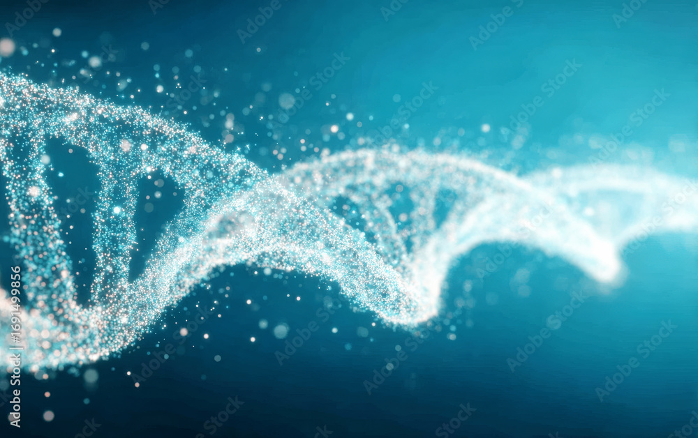 Poster sparkling dna double helix structure in blue background