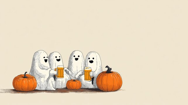 Halloween collaboration event with cheerful cartoon ghosts toasting with beer mugs and pumpkins