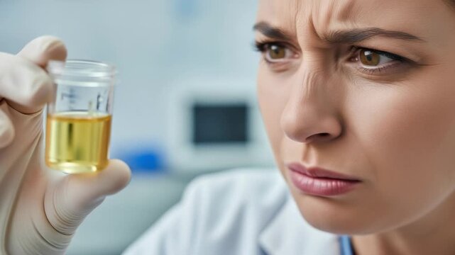 Concerned female doctor or lab technician examining a urine sample in a specimen cup. Medical professional analyzing urinalysis results with a worried expression.