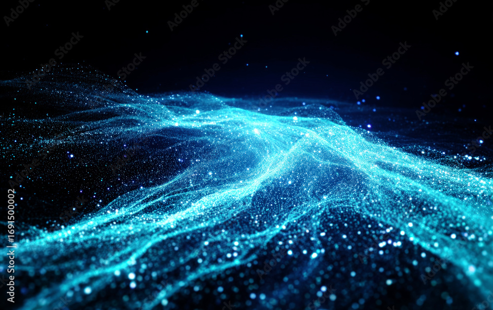 Poster blue glowing digital particles forming a dynamic wave pattern