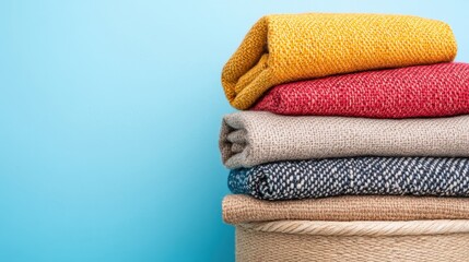Cozy Textiles Stacked on a Basket Against a Blue Background
