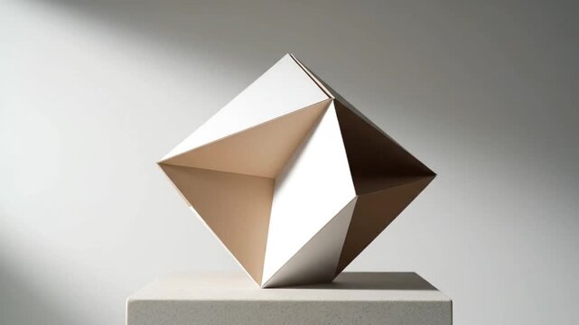 Modern Abstract Geometric Sculpture with White and Beige Facets on a Minimalist Pedestal Clean Studio Lighting Architectural Design Element Art Object