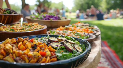 Obraz premium Beautifully arranged outdoor buffet with vibrant salads and colorful vegetables at a summer picnic gathering surrounded by nature and happy people enjoying food