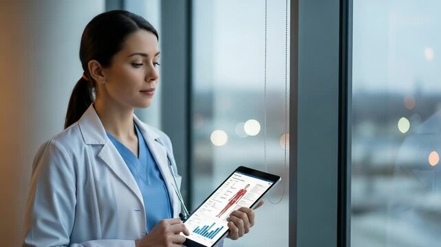 Thoughtful female doctor analyzing patient's medical data on a digital tablet. Healthcare professional in a modern clinic looking out a window. - Powered by Adobe