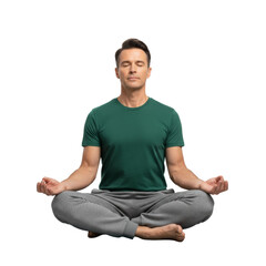 Serene man meditating peacefully with closed eyes radiating calm on transparent stage