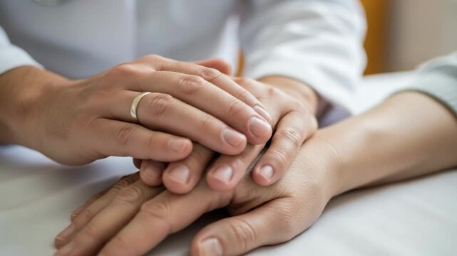 Compassionate healthcare professional providing comfort and support to a patient. Male doctor holding hands with a senior person in a hospital. - Powered by Adobe