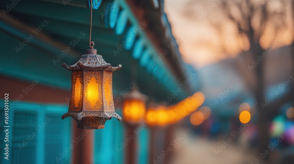 Poster golden lanterns illuminate a tranquil pathway at dusk in a charming setting