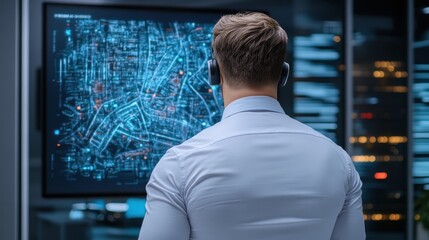 Data Analyst Observing Digital Map on Large Screen in Modern Office