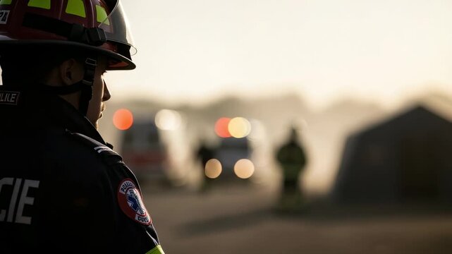 First responder watching an emergency scene from behind. Firefighter or paramedic at a disaster site with flashing ambulance lights in the background at sunset.