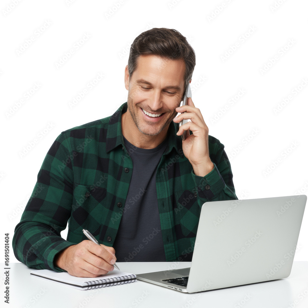 Poster confident professional multitasking with phone call and note-taking at desk isolated
