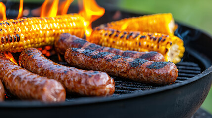 Fototapeta premium Grilled Sausages and Corn on the Cob Cooking Over Open Flames in a Backyard Barbecue Setting on a Sunny Day