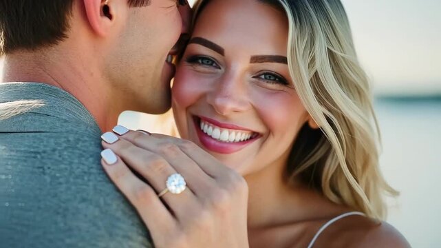 Engaged couple embracing, woman smiling, showing off her diamond ring. Love.