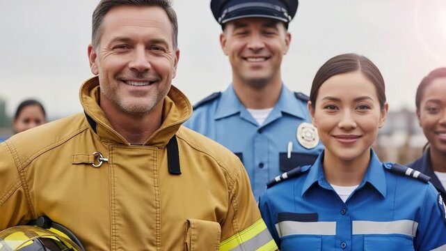 Diverse group of public safety professionals. A smiling white male firefighter, an Asian female paramedic, and a male police officer stand together as a team.