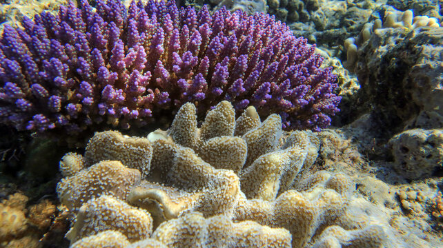 Beautiful purple corals and great white corals on Great Barrier Reef. Australia