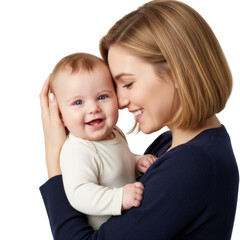 Radiant mother embracing her smiling infant child in a tender moment of love and affection