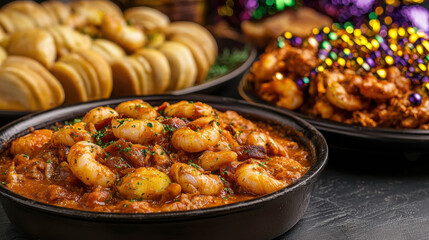 Exquisite shrimp dish served in black bowl, showcasing vibrant colors and textures, surrounded by festive treats on a dark table setting