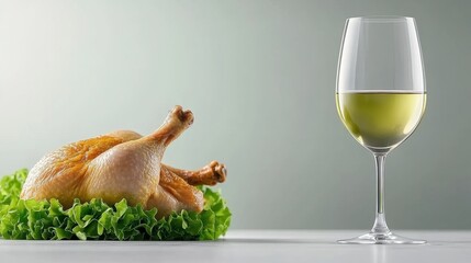 Roasted Chicken on Lettuce with Glass of White Wine in Calm Setting