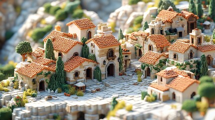 Pixelated mediterranean village nestled on a hillside with terracotta roofs and stone architecture style