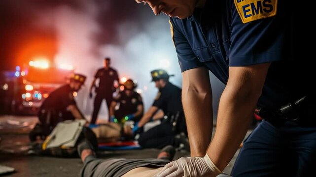 EMS Paramedic Performing CPR Chest Compressions on a Patient at a Nighttime Emergency Scene. First Responders Providing Life-Saving Medical Aid.
