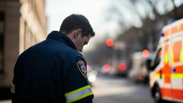 Thoughtful young male paramedic in uniform standing on a city street. First responder experiencing stress after an emergency call.
