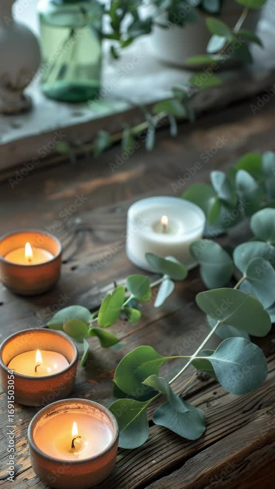 Poster three candles are lit on a wooden table. the candles are in different sizes and are placed in differ