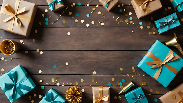 Empty center flat lay with gifts, streamers and gold confetti on dark wood — copy-space birthday invitation - Powered by Adobe