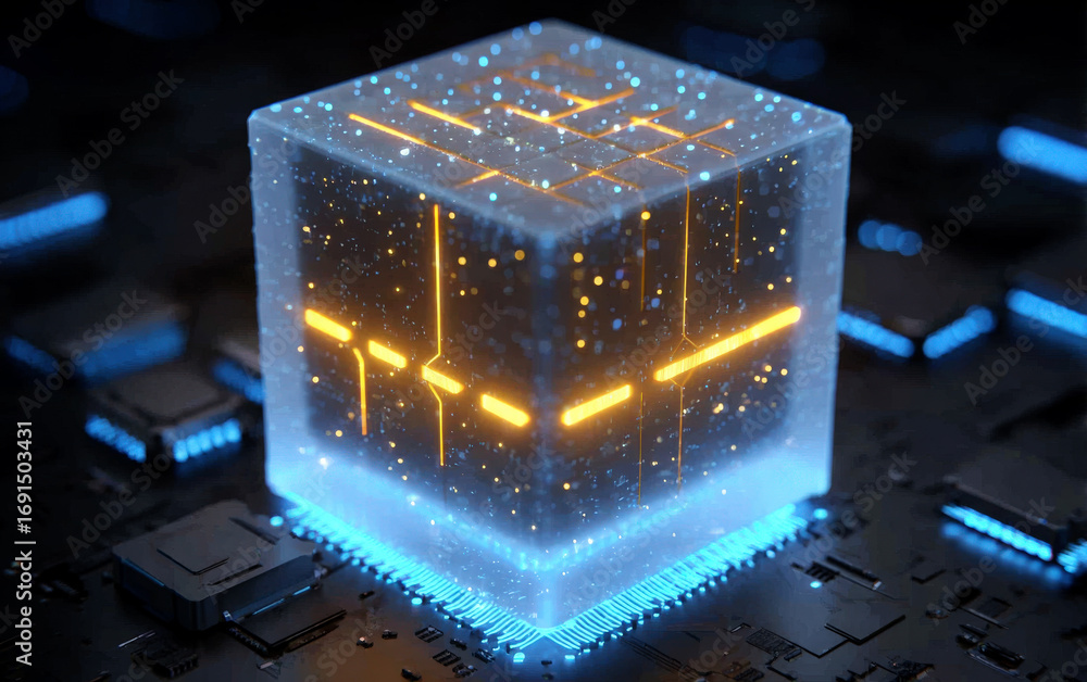 Poster high-tech glowing cube with circuit board background