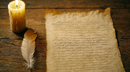 Old parchment paper with handwritten text, a glowing candle, and a feather quill on a rustic wooden table, creating a historic and nostalgic atmosphere
