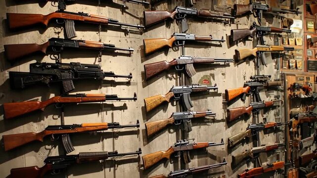 Collection of vintage rifles and firearms displayed on a wall, close-up.