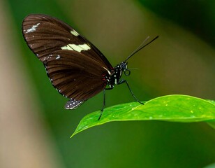 Obraz premium Close-up of a black and white butterfly on a leaf (1)