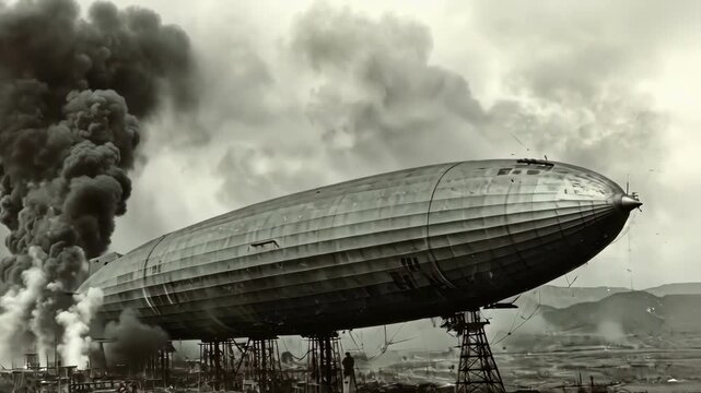 Vintage airship on the ground with smoke billowing in the background.