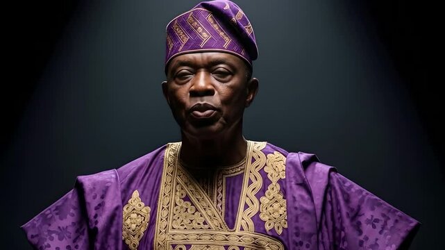 African man in traditional purple Agbada attire and cap, regal presentation, cultural heritage, formal portrait, leadership, cultural event, African tradition, ethnic identity. 