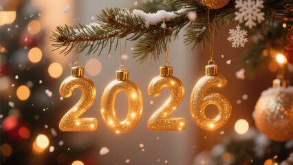 A festive Christmas scene featuring four elegant, golden baubles hanging from a pine branch. Christmas, Christmas Tree, Merry Christmas, Christmas Background, Christmas Lights