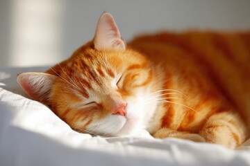 A peaceful orange tabby cat sleeping soundly on a soft white bed in a sunlit room