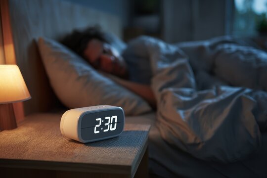 A peaceful bedroom scene at 230 AM with a sleeping person and a bedside alarm clock glowing softly