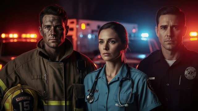 Heroic portrait of a first responder team, a male firefighter, a female paramedic, and a male officer standing together at an emergency scene at night.