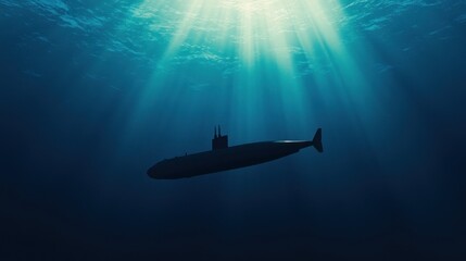 Fototapeta premium Submarine silhouette underwater sunlight