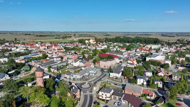 Aerial Strzelno Poland city center to round about. Central north Poland. German occupation World War II. Farm rural area. Historical trade and religious center. Historic buildings rural village.