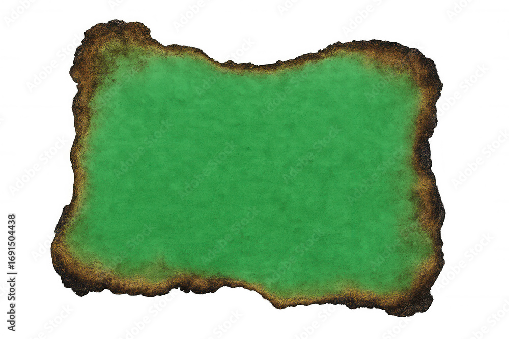 Poster green burnt paper edge on transparent background, providing space for text or design elements with a
