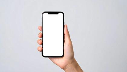 スマートフォンを持つ手。グレイ背景。灰色。Hand holding a smartphone. Gray background. Grey.