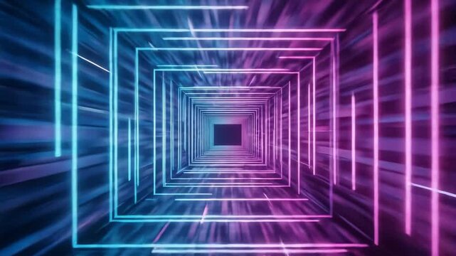 Neon square tunnel glowing light streaks futuristic technology abstract concept