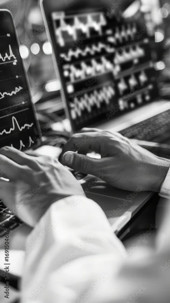 Poster hands operating computer controls on hospital electronic machine.