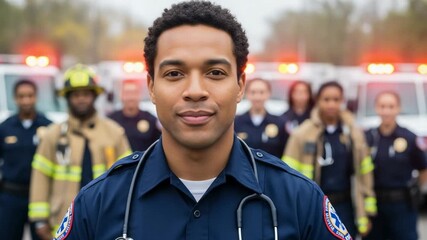 Portrait of a confident young African American male paramedic smiling at the camera. Diverse team of first responders and ambulances in the background. - Powered by Adobe