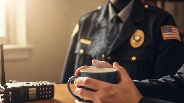 Man holding a steaming coffee mug during a conversation with a police officer. Law enforcement interview or debriefing concept.