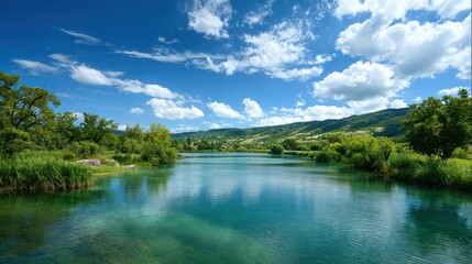 Fototapeta premium Serene lake landscape in sunlight